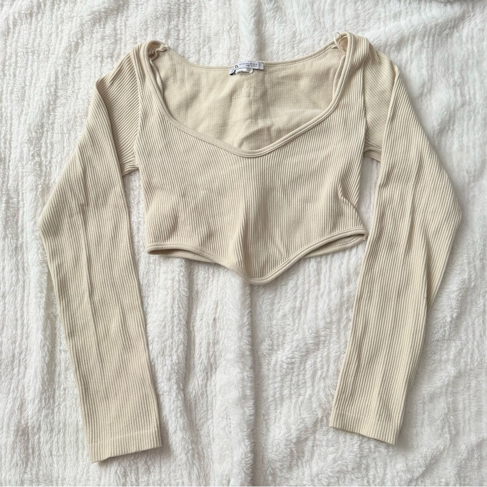 Zara Cream Asymmetrical Long Sleeve Bodysuit